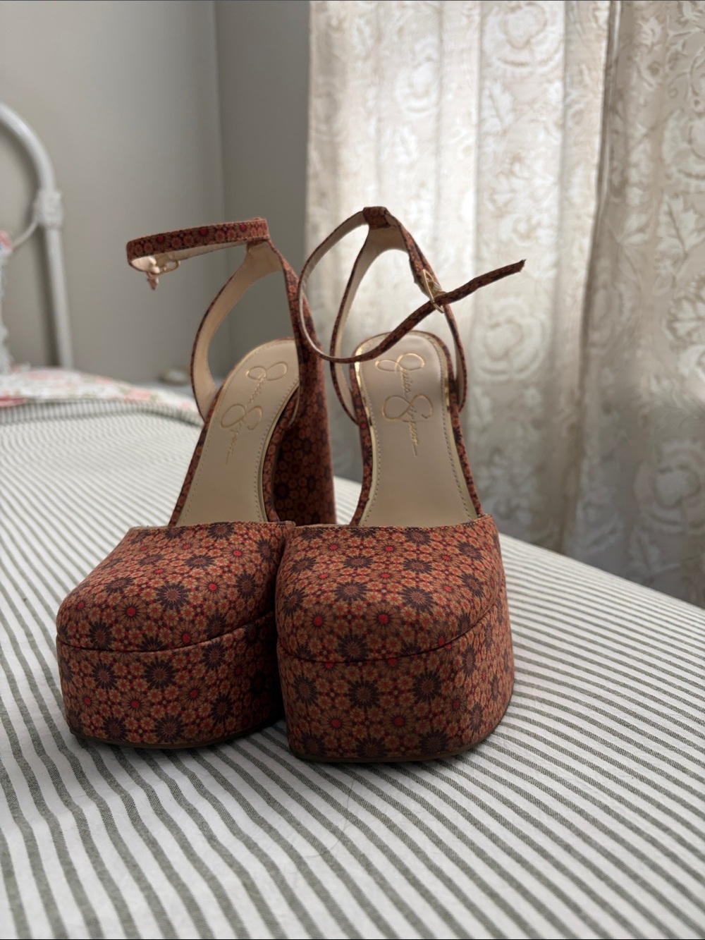 Floral Rust Platform Ankle-Strap Heels